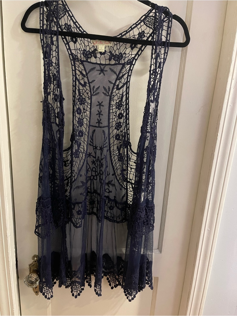 It's Our Time Navy Sheer Crochet Lace Vest